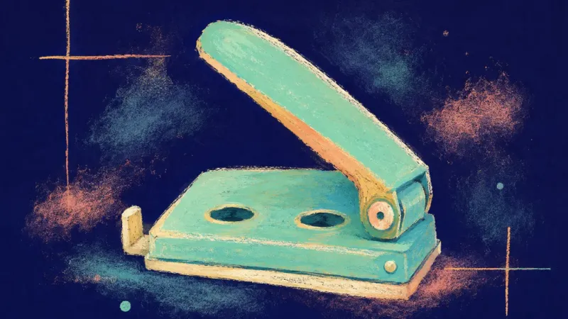 Measured Alignment A restored hole punch with aligned openings and a released lever, representing paced decisions, and
