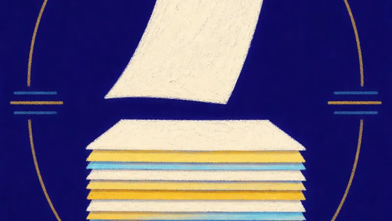 Clear First Line An ordered document stack with one clear lead page, representing concise communication, self-trust,