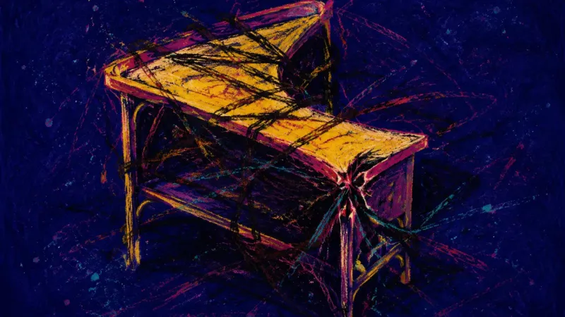 Desk Under Pressure An abstract view of social self-consciousness, showing a lecture desk compressed into a tense, una