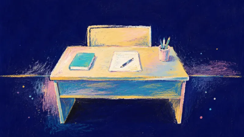 Desk Made Reachable A resolved abstract view of social self-consciousness, where a lecture desk opens into balanced, low