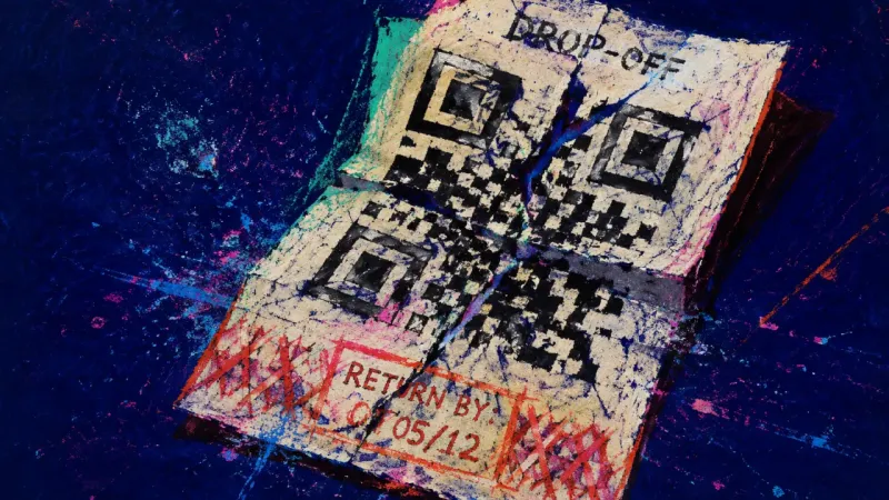 The Unscanned Loop A fractured return QR code, symbolizing money guilt and a small errand that has become mentally over