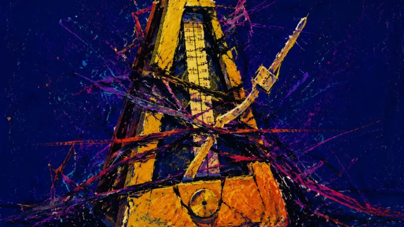 Rhythm Under Siege A deformed metronome trapped in tangled lines, representing self-help overload, stalled routine