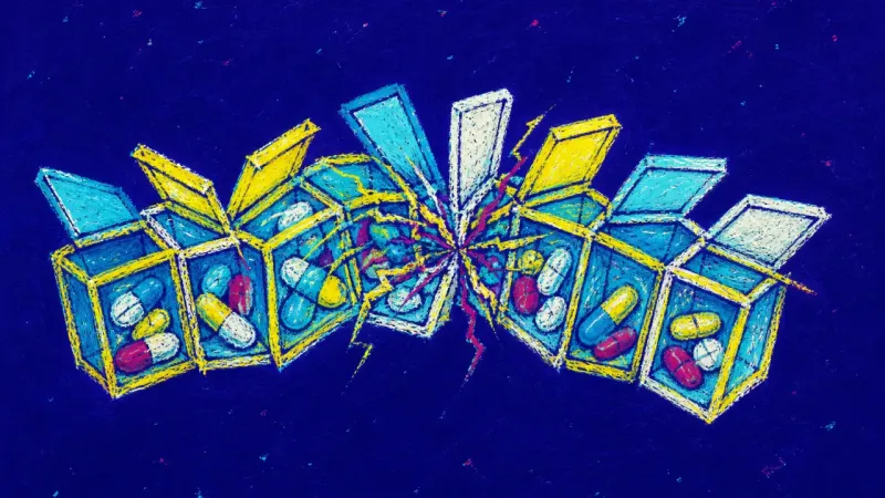 A warped pill organizer trapped by chaotic marks, representing seasonal reset pressure and an