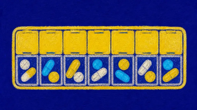 A restored pill organizer representing seasonal reset pressure resolved into one balanced rhythm and