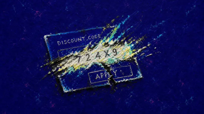 The Discount Wound A discount code panel scraped beyond use, symbolizing checkout hesitation and fear that one small