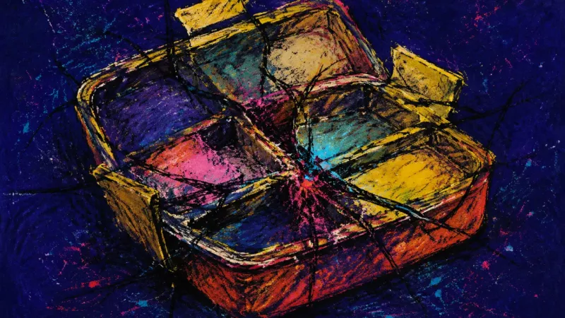 Boxed Scarcity An abstract view of checkout anxiety, with a bento box crushed into crowded divisions that suggest