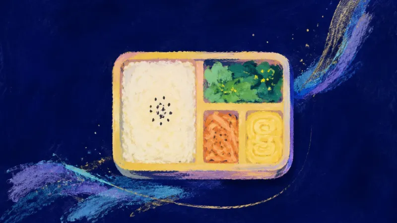 Proportion Restored An abstract view of checkout anxiety resolving, with a bento box restored into balanced compartments