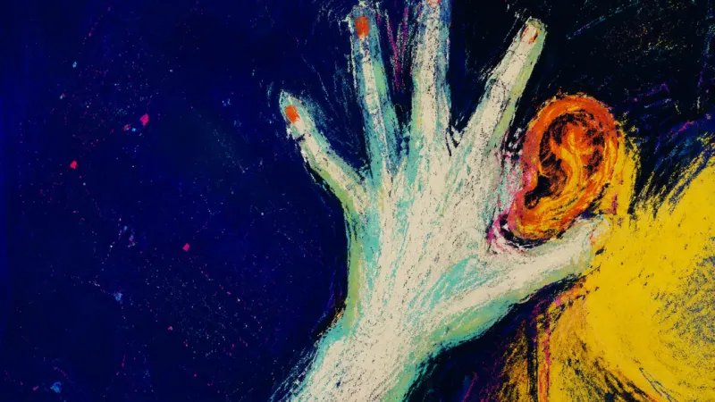 Muted Capacity A tense hand presses an ear closed, symbolizing the guilt and dread triggered by a long voice note