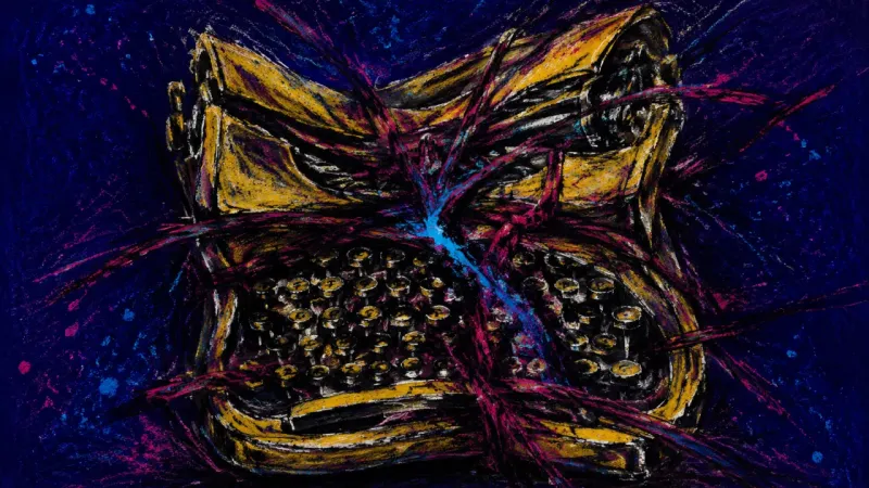 Carriage Under Pressure A crushed typewriter bound by chaotic lines, representing guilt, reply paralysis, and pressure to