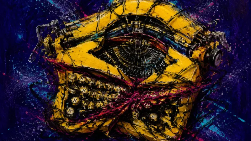 Jammed Belonging A distorted typewriter overwhelmed by tangled lines, representing compulsive fixing, unequal care,0