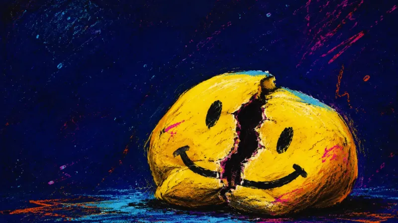 Competence Under Pressure A crushed office stress ball with its printed smile split open, symbolizing the strain of staying in