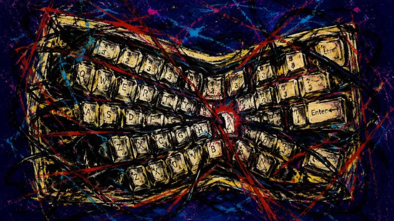 Commands Under Siege A distorted keyboard bound by chaotic lines, representing career frustration, protective overthink