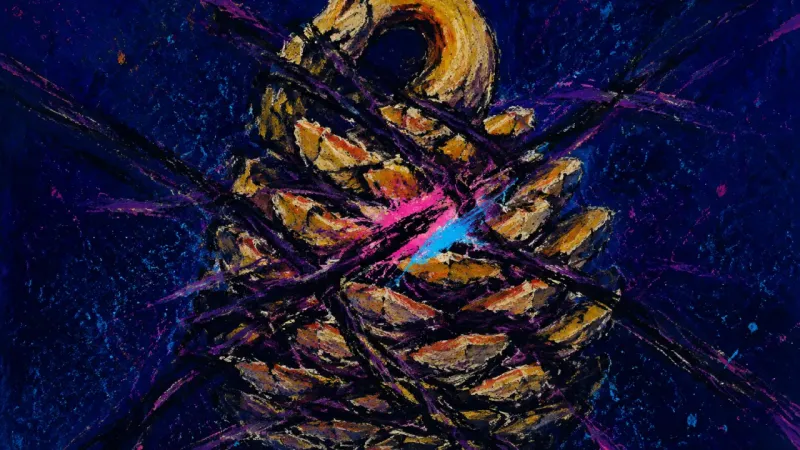 A pinecone crushed and bound by chaotic lines, representing career stagnation and the loss of agency