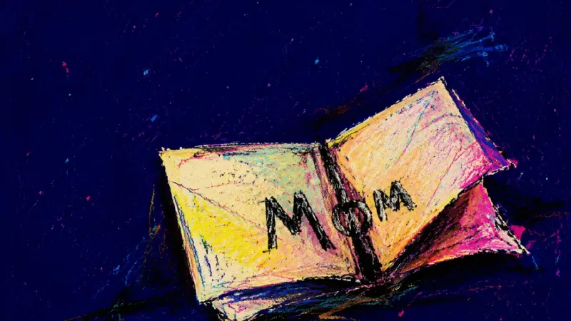 An emergency contact card folded until Mom's name vanishes, symbolizing the guilt and fear around a