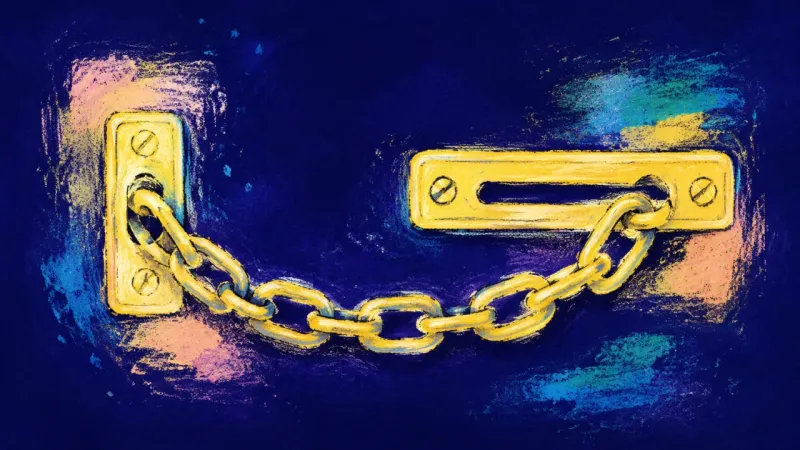 A resolved boundary image where a door chain rests in orderly balance, showing adult privacy, warmth