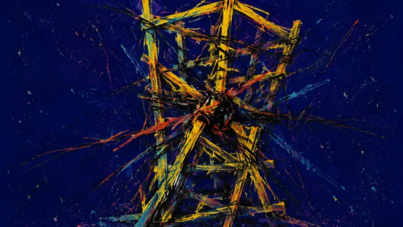 Collapsed Scaffold A collapsed scaffold trapped in chaotic marks, representing LinkedIn self-promotion anxiety and.