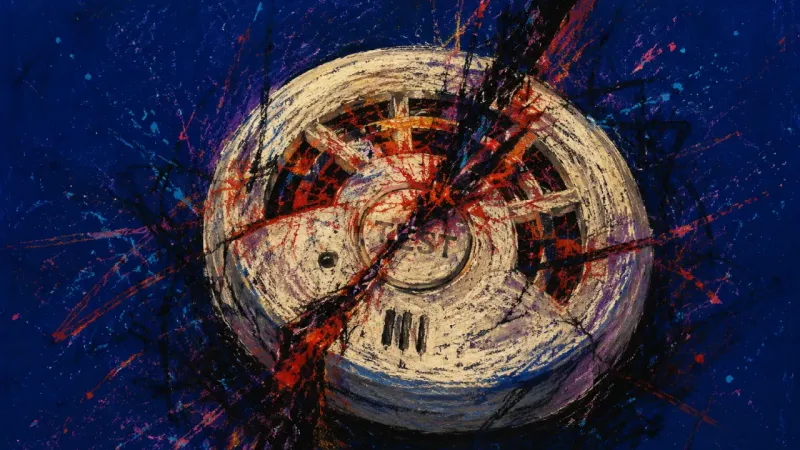 An abstract smoke alarm trapped in chaotic pressure, representing self-doubt and conflict avoidance
