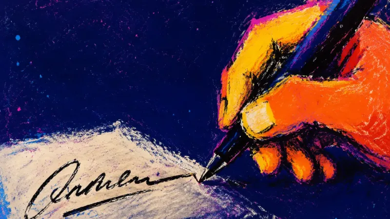 Borrowed Signature A hand holds a pen above an unfinished signature, symbolizing tension between an inherited life plan