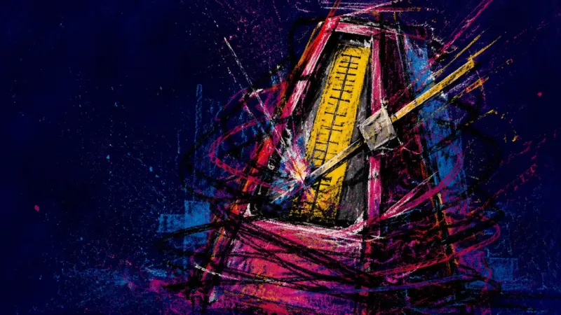 Crushed Rhythm An abstract metronome trapped in chaotic lines, representing overcommitment anxiety and fear of losi