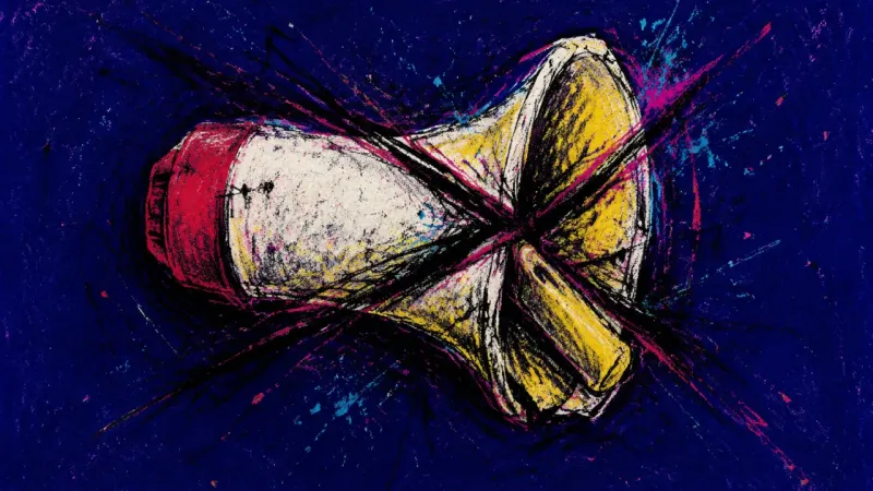 Compressed Voice An abstract megaphone crushed by tangled lines, representing disorientation under an inherited life