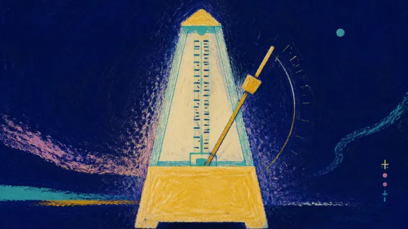 Measured Rhythm An abstract metronome restored to order, representing RSVP anxiety resolved through boundaries, pa-。