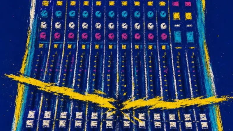 Collapsed Signal A distorted mixing console trapped in tangled lines, representing self-advocacy anxiety and the loss