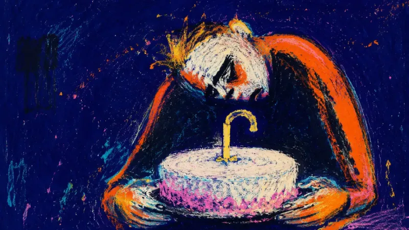 The Uncelebrated Self A cropped figure bends over an untouched birthday cake, symbolizing the habit of postponing joy