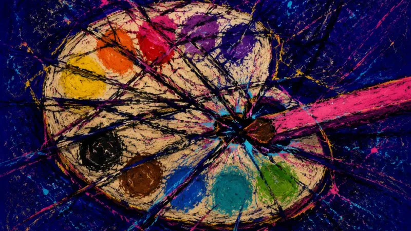 Arrested Palette A distorted palette bound by chaotic lines, representing fulfillment stalled by overplanning and an