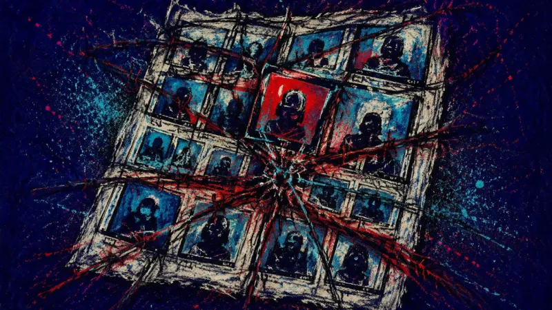 Frames Under Siege A warped contact sheet trapped in repeated frames, representing idealized memories distorting how