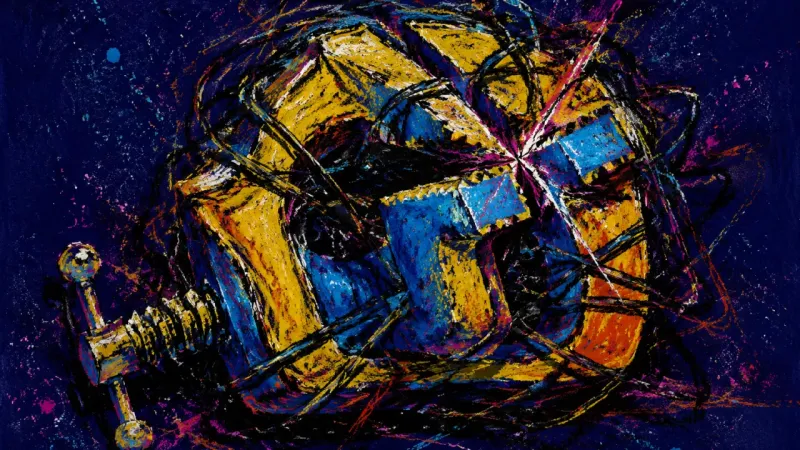 The Fixer’s Grip A crushed bench vise bound in dense tangles, representing anxious control and the pressure to manage