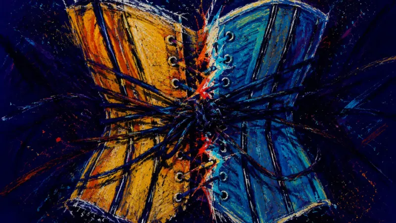 The Cinched Self A crushed corset bound by chaotic lines represents exhaustion and lost selfhood within a performed