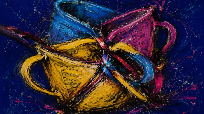 Collapsed Measure A crushed measuring cup set represents romantic urgency collapsing feelings, assumptions, and