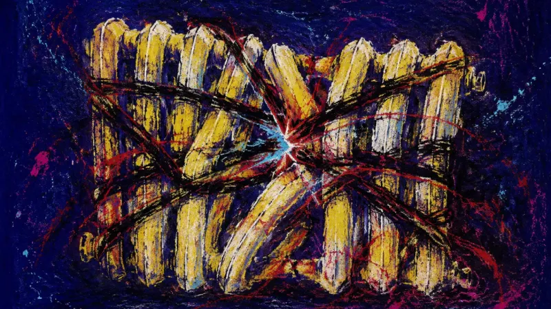 Collapsed Signal Grid A crushed radiator bound by chaotic lines represents workplace self-doubt that erases personal