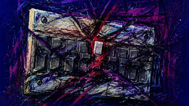 Flattened Signal An abstract breaker panel with one suppressed switch, representing groupthink, risk normalization,