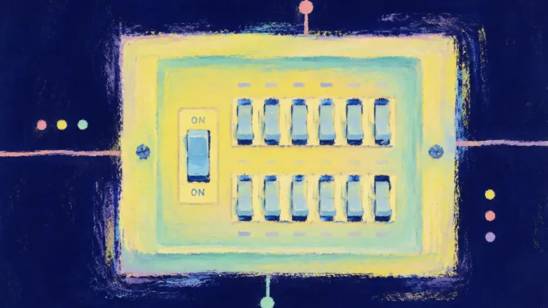 Independent Signal An orderly breaker panel with one distinct switch, symbolizing self-trust, clear boundaries, and||||