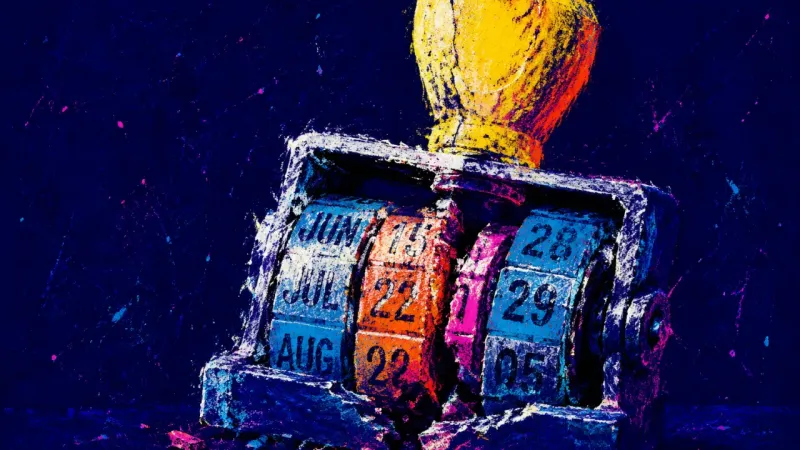 The Deferred Date A date stamp jammed between launch dates one week apart, symbolizing the freeze that turns finished