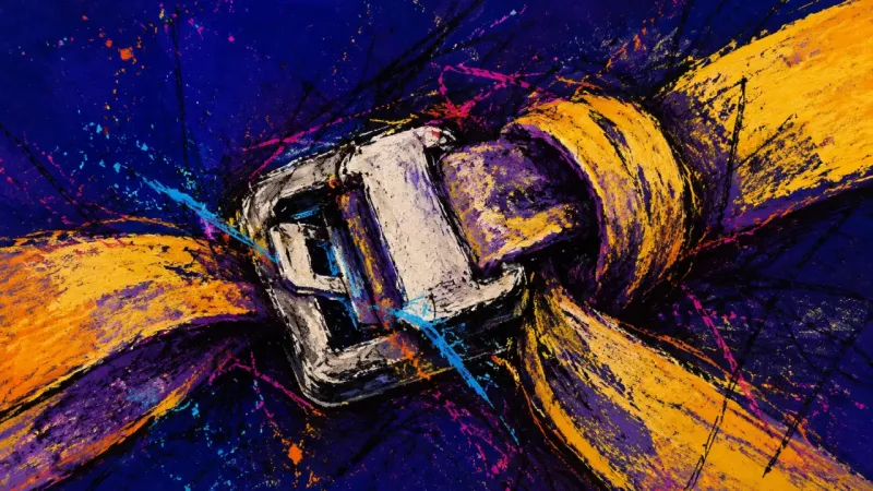 Divided Restraint A seat belt crushed into opposing folds and tight tangles, representing last-step paralysis and fear