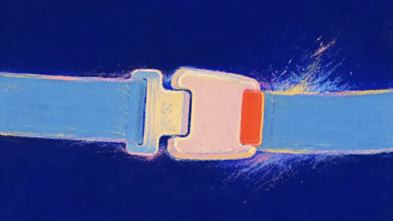 The Bounded Yes A fully fastened seat belt restored to a balanced contour, representing grounded confidence through