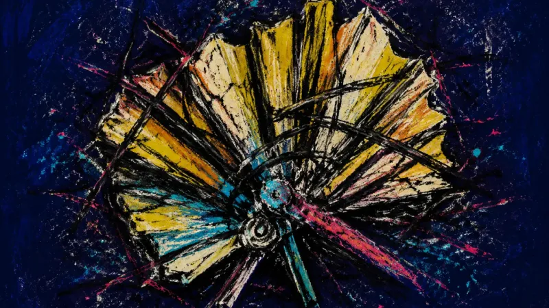Ribs of Compliance A hand fan crushed shut by tangled lines, representing groupthink, social apprehension, and the fear