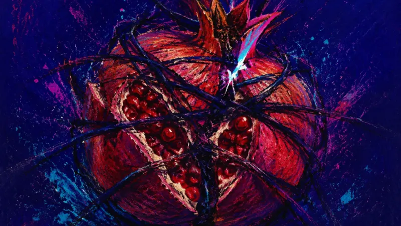 Ruptured Continuity A pomegranate split into cramped, tangled sections, representing restless friendship churn and the