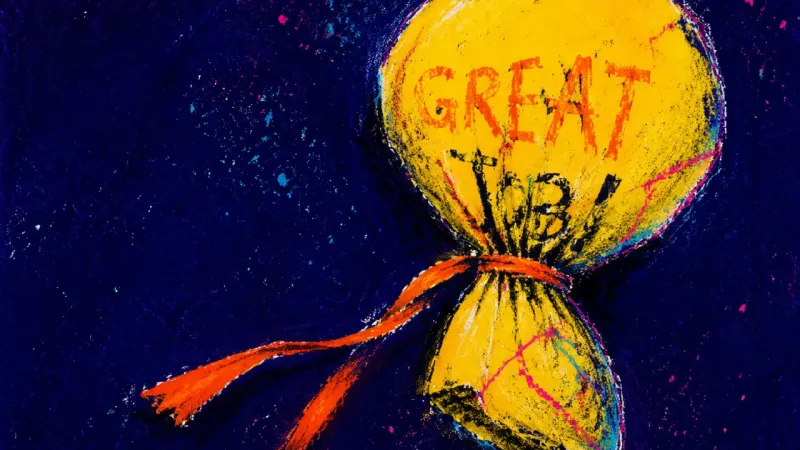 A congratulatory balloon cinched into two uneven halves, symbolizing a work win whose payoff cannot