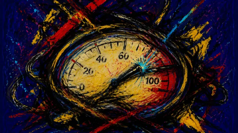 Pinned at Maximum A crushed, entangled pressure gauge represents post-achievement dissonance and the compulsive need
