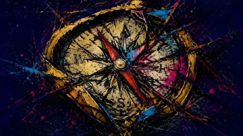 A distorted compass bound by conflicting lines, representing self-doubt when social feedback