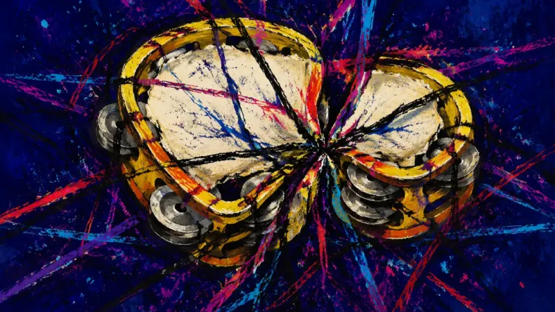Rhythm Under Siege A distorted tambourine bound into a dense tangle, representing self-doubt and lost personal truth
