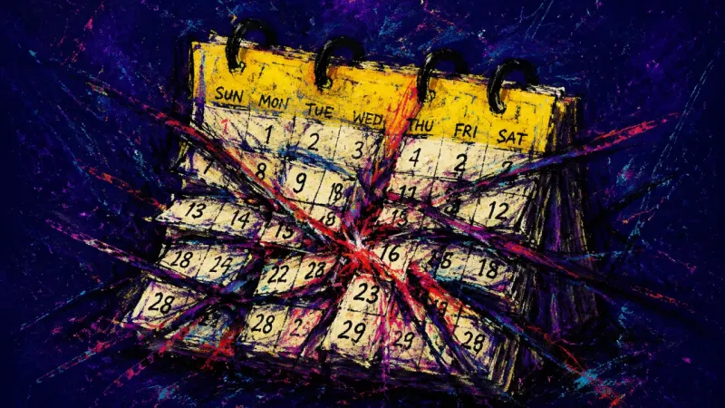 Calendar Under Consensus A calendar grid collapses under tangled marks, representing suppressed disagreement and support