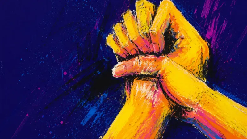 Two hands pin one thumb into a clenched palm, symbolizing self-censorship when a group silently