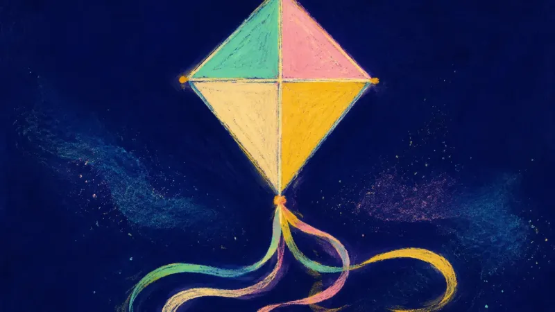 The Message Unfolds A restored kite with ordered panels and an unknotted tail represents self-censorship resolved by one