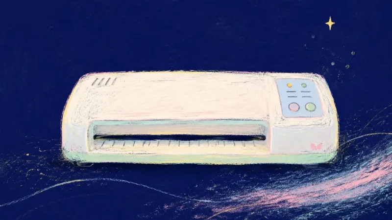 A restored laminator with aligned guides and an unobstructed feed, symbolizing self-silencing; 1. 2.