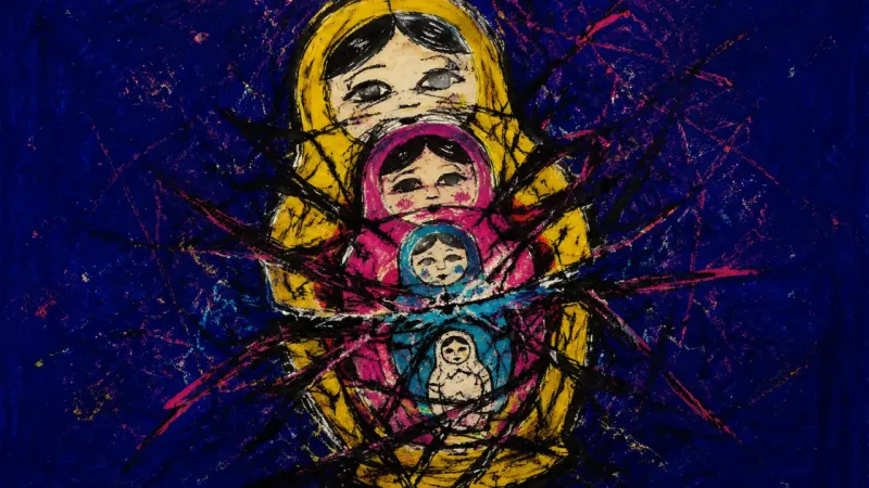 Compressed Selves Nesting dolls collapse into one tangled profile, representing self-editing and alienation inside an