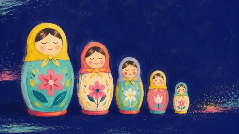Selfhood in Order Nesting dolls regain distinct, balanced outlines, symbolizing an online identity guided by personal